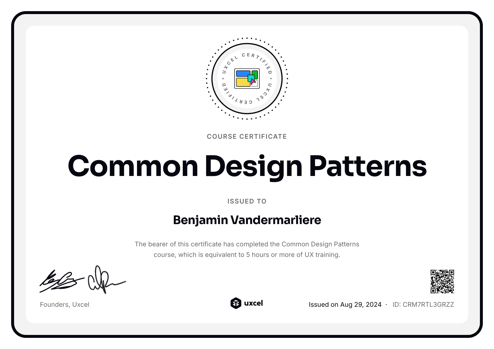 Benjamin Vandermarliere's certificate